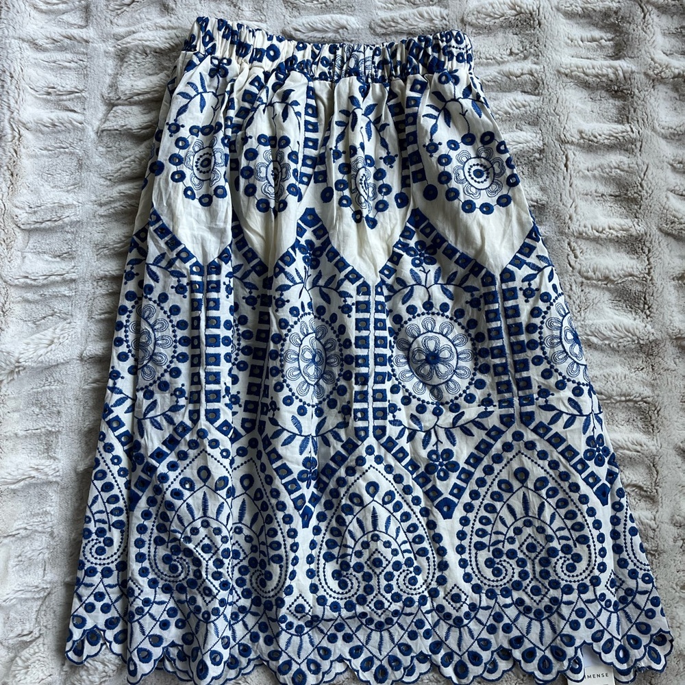 Commense Blue and White Cotton Embroidered Midi Skirt